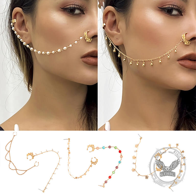 Punk Imitation Pearl Tassel Titanium Chain Earrings Nose Clip | Gthic.com