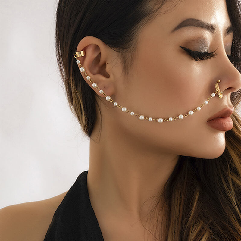 Punk Imitation Pearl Tassel Titanium Chain Earrings Nose Clip | Gthic.com