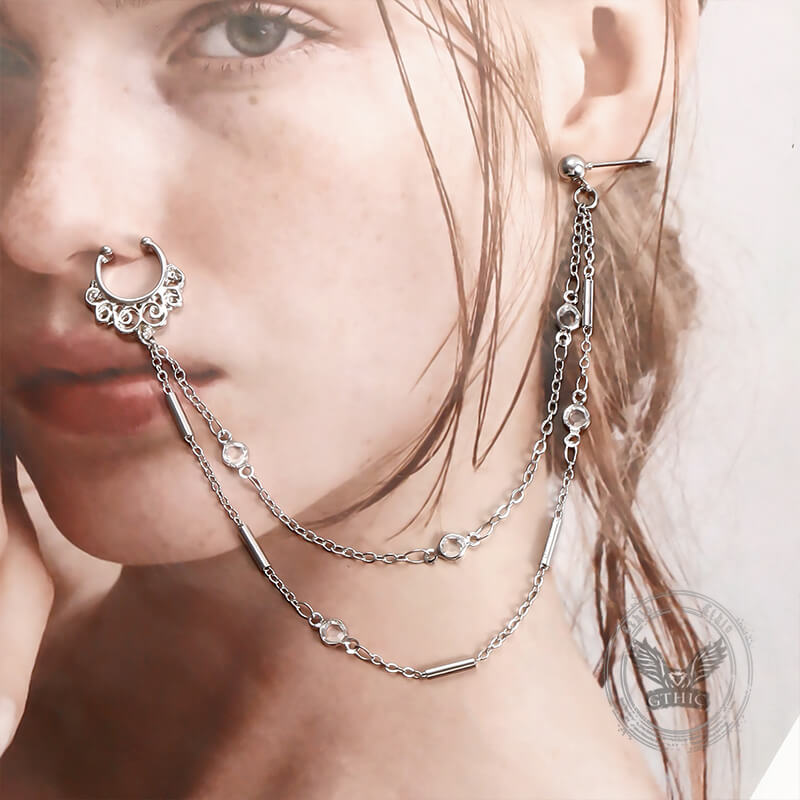 Punk Integrated Design Tassel Titanium Chain Earrings Nose Clip |Gthic.com