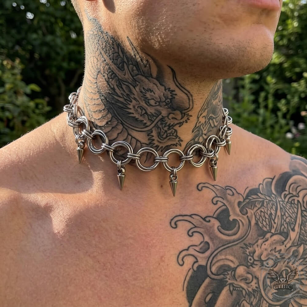 Punk Interlocking Studded Stainless Steel Clavicle Necklace | Gthic.com