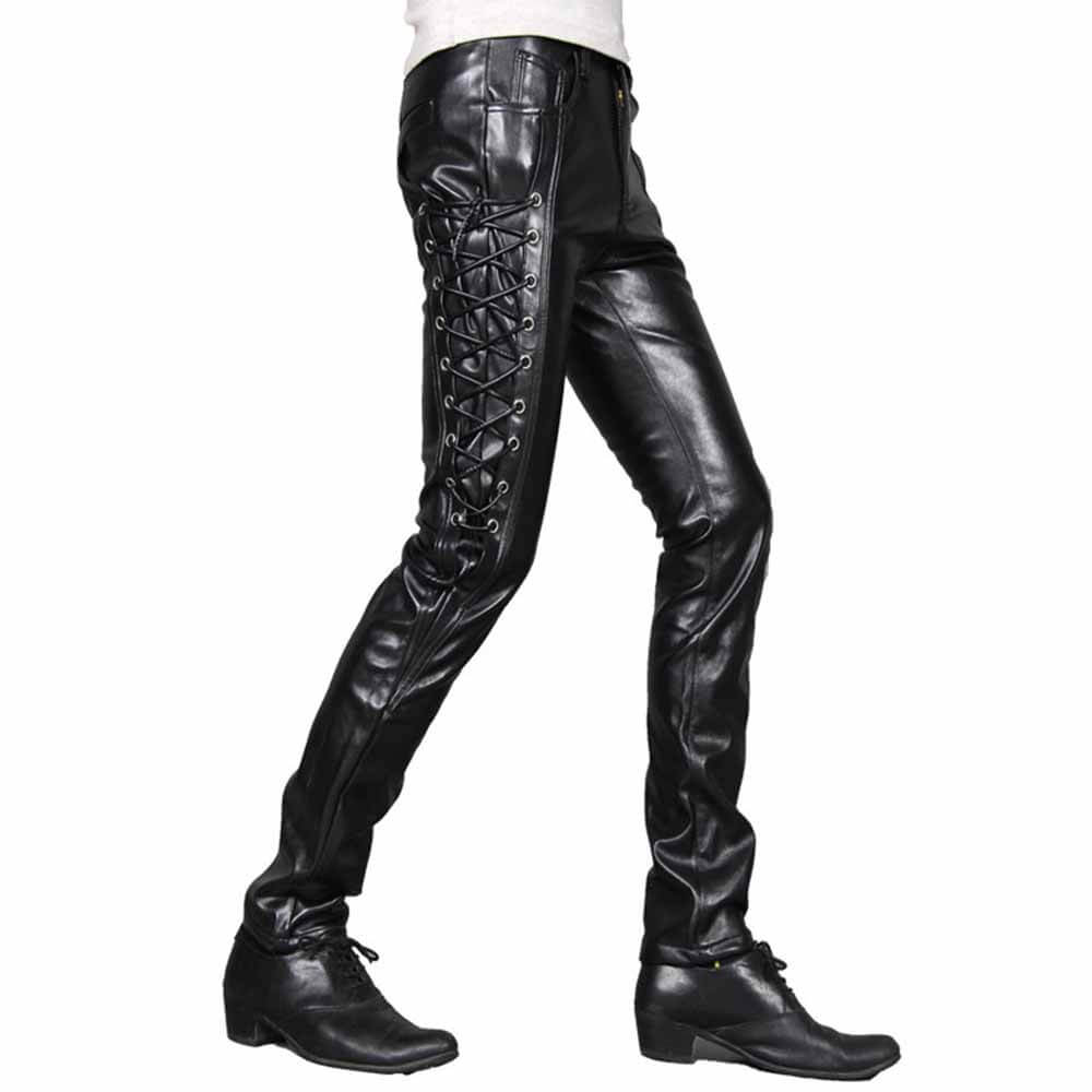 Punk Lace-Up Design Slim Fit PU Patchwork Pants
