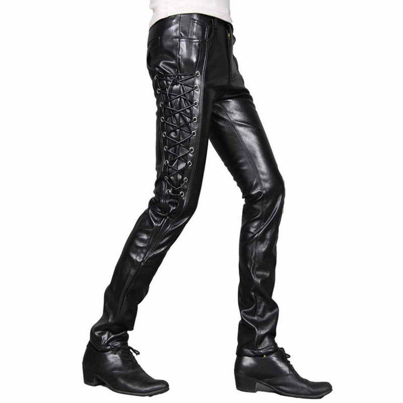 Punk Lace-Up Design Slim Fit PU Patchwork Pants
