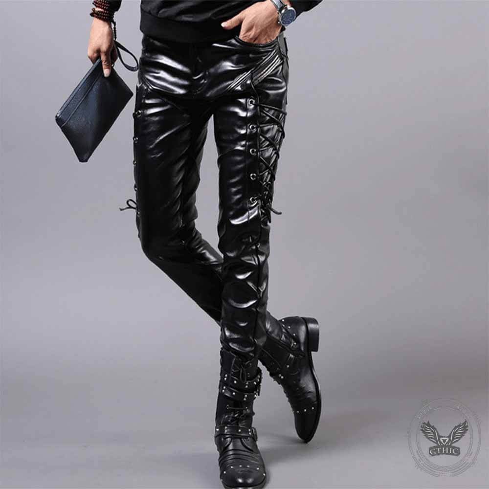 Punk Lace-Up Design Slim Fit PU Patchwork Pants 01 | Gthic.com