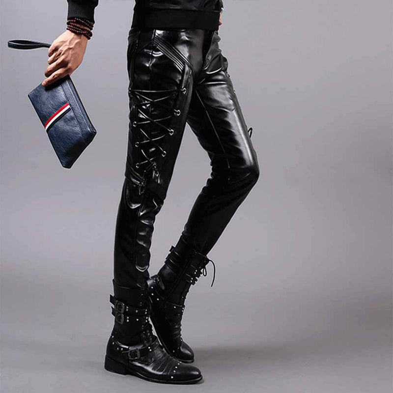 Punk Lace-Up Design Slim Fit PU Patchwork Pants 02 | Gthic.com