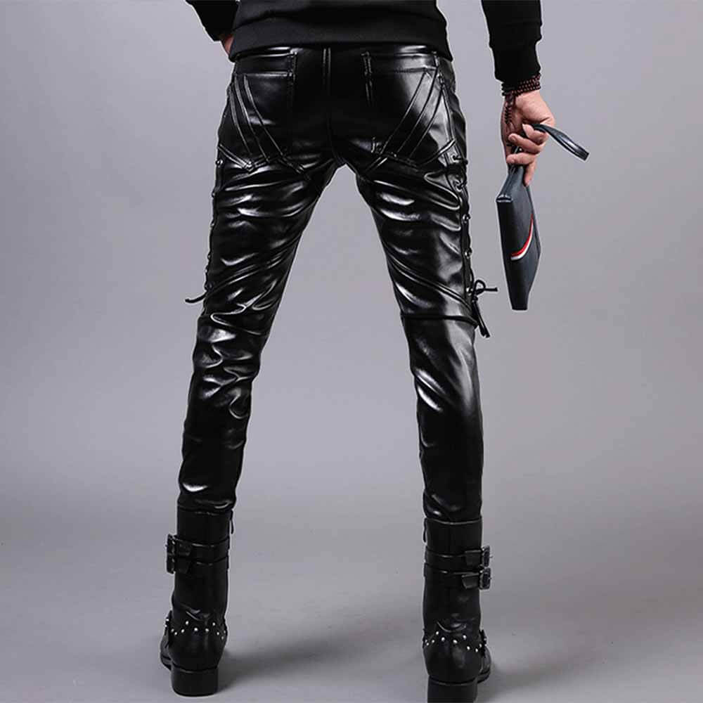 Punk Lace-Up Design Slim Fit PU Patchwork Pants
