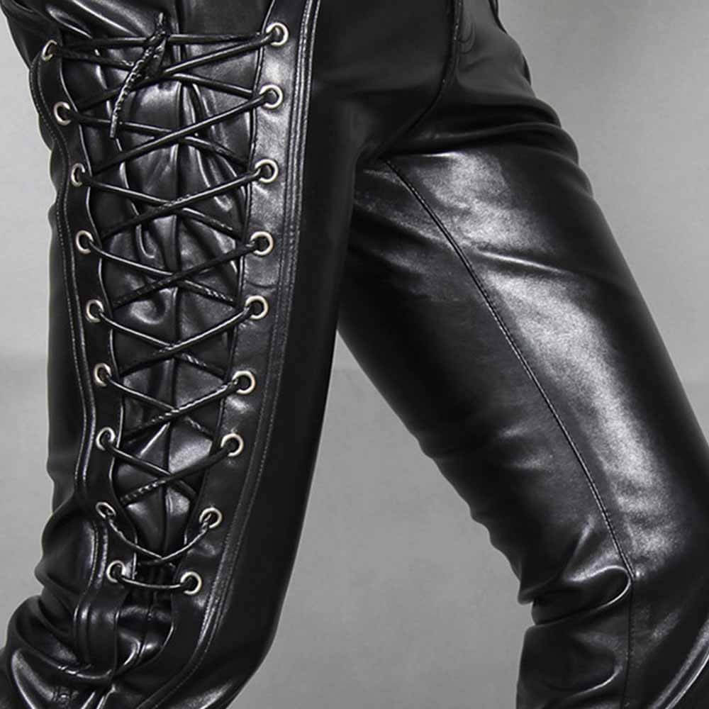 Punk Lace-Up Design Slim Fit PU Patchwork Pants