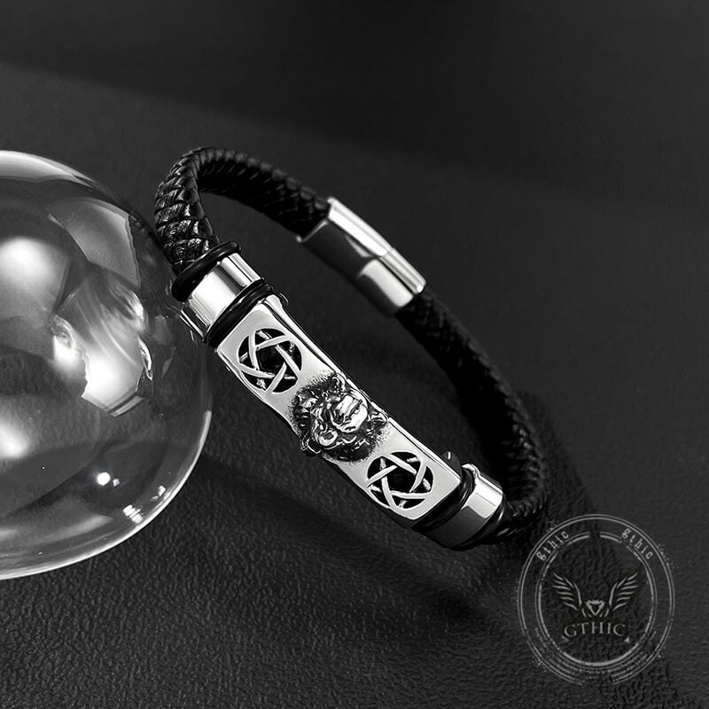 Punk Leopard Head Stainless Steel Braided Leather Bracelet | Gthic.com