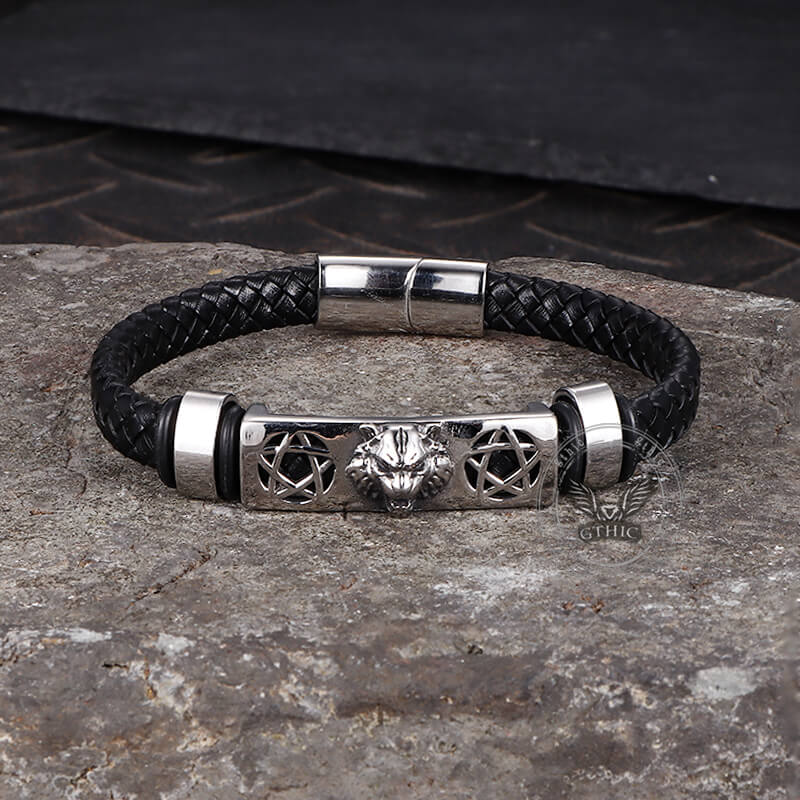 Punk Leopard Head Stainless Steel Braided Leather Bracelet