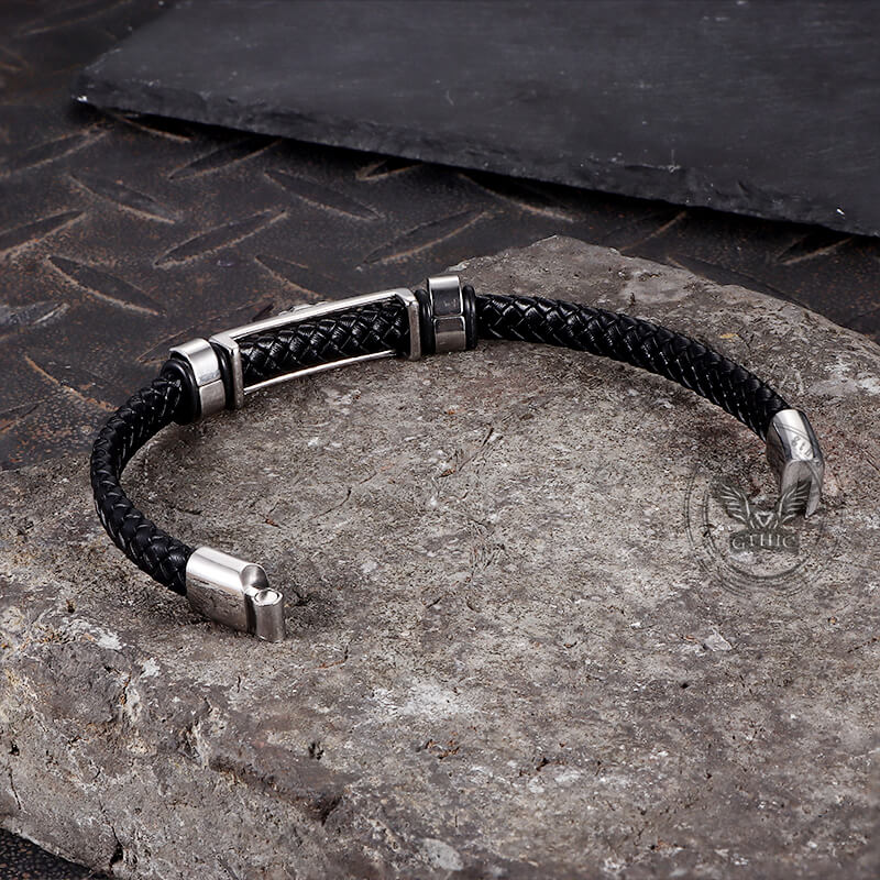 Punk Leopard Head Stainless Steel Braided Leather Bracelet