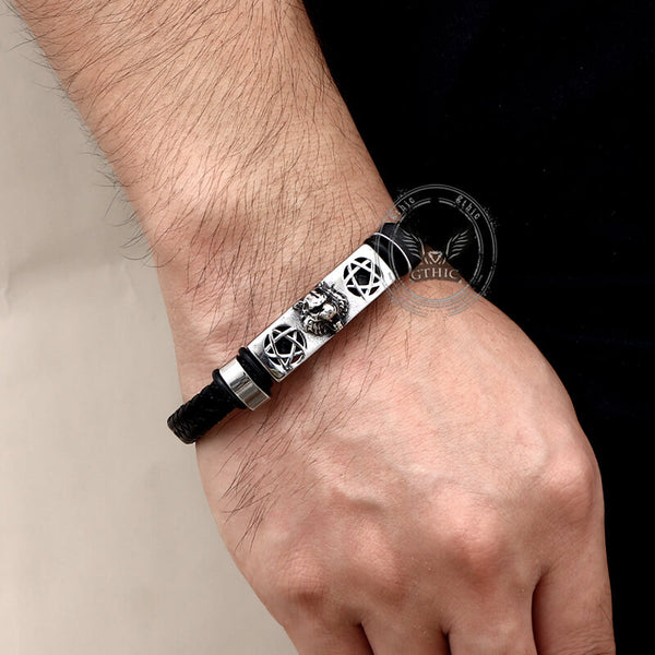 Punk Leopard Head Stainless Steel Braided Leather Bracelet | Gthic.com