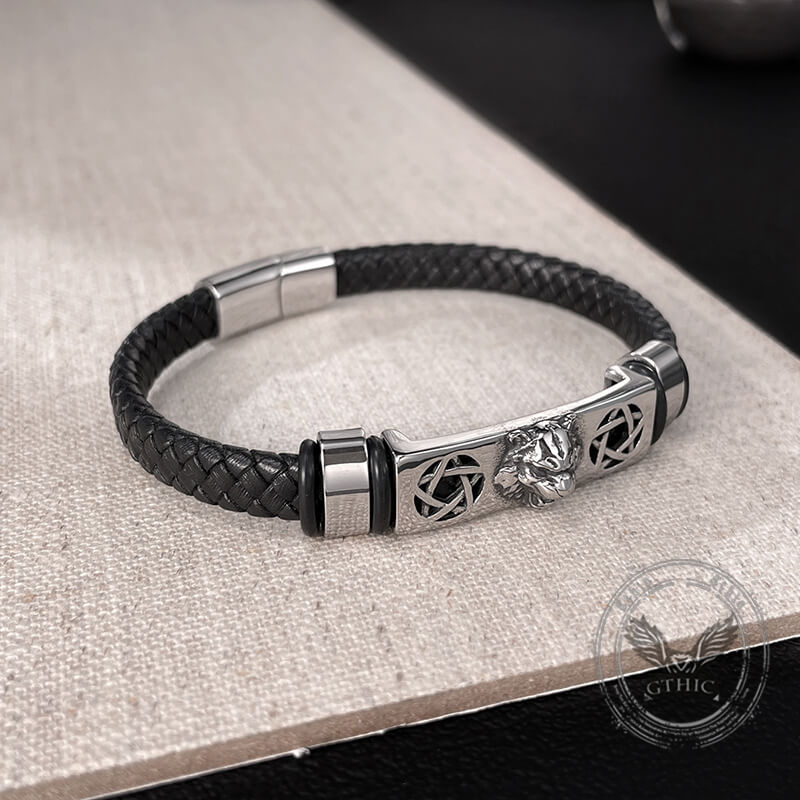 Punk Leopard Head Stainless Steel Braided Leather Bracelet