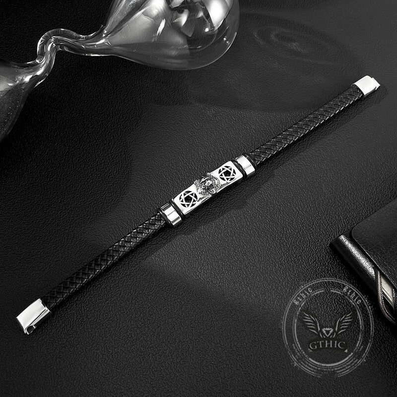 Punk Leopard Head Stainless Steel Braided Leather Bracelet | Gthic.com