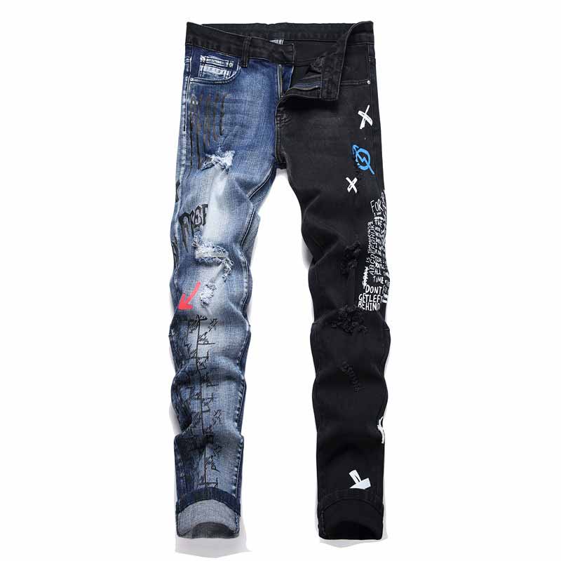 Punk Lettering Printed Distressed Slim-Fit Jeans 01 | Gthic.com