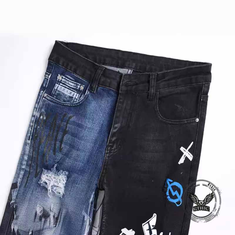 Punk Lettering Printed Distressed Slim-Fit Jeans 03 | Gthic.com