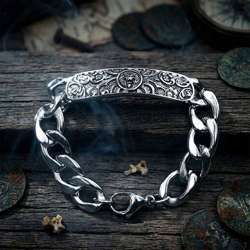 Punk Lion Carved Floral Stainless Steel Bracelet | Gthic.com