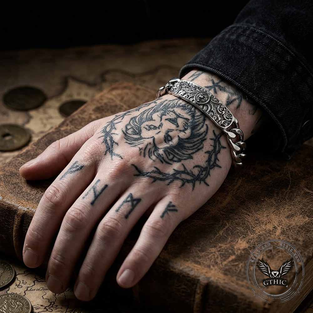 Punk Lion Carved Floral Stainless Steel Bracelet | Gthic.com