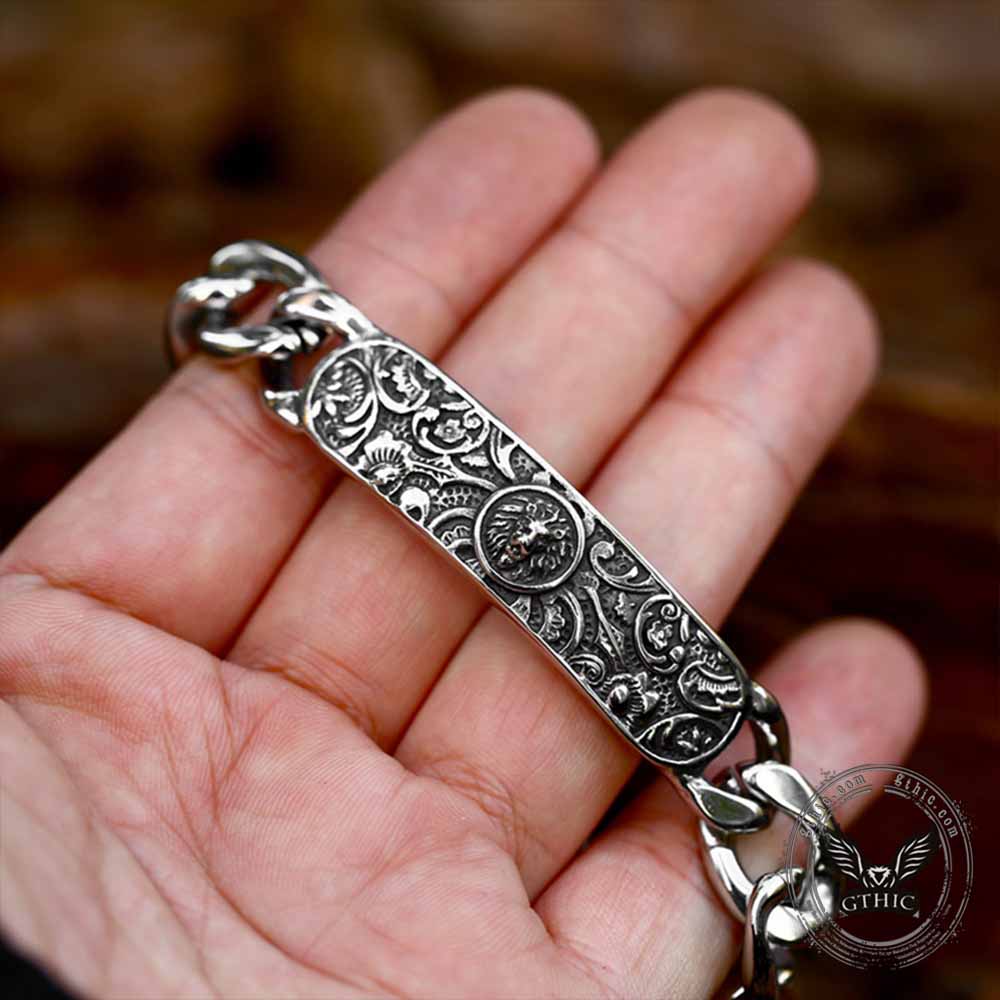 Punk Lion Carved Floral Stainless Steel Bracelet | Gthic.com