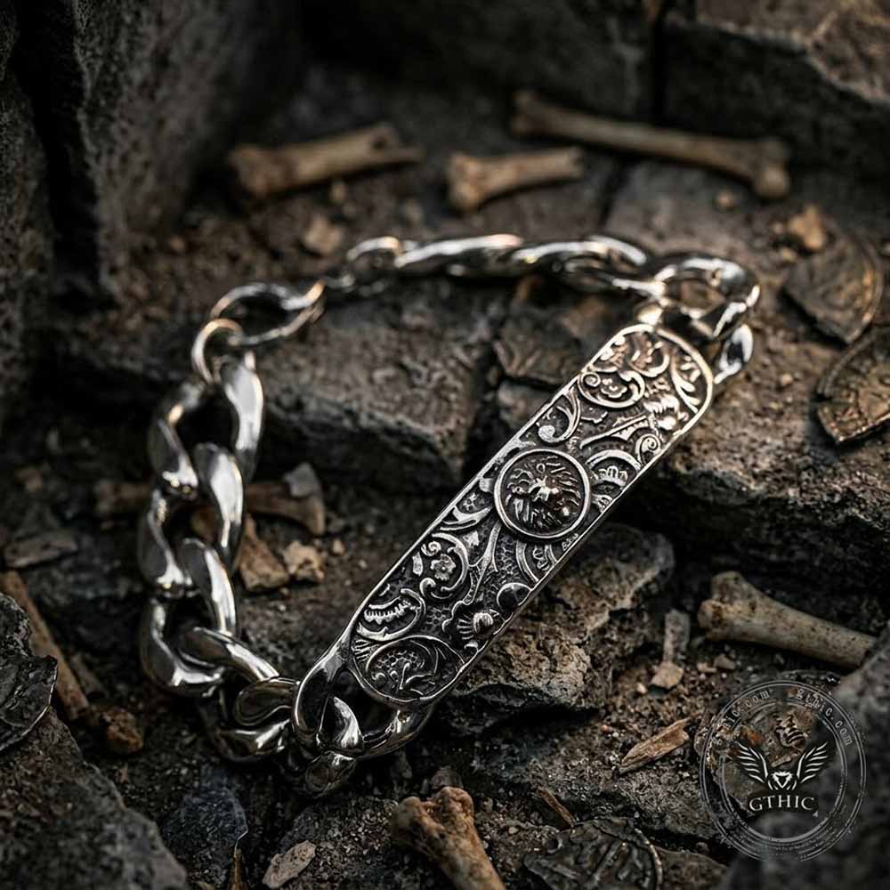 Punk Lion Carved Floral Stainless Steel Bracelet