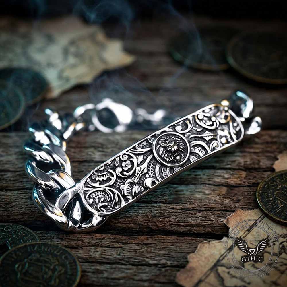 Punk Lion Carved Floral Stainless Steel Bracelet