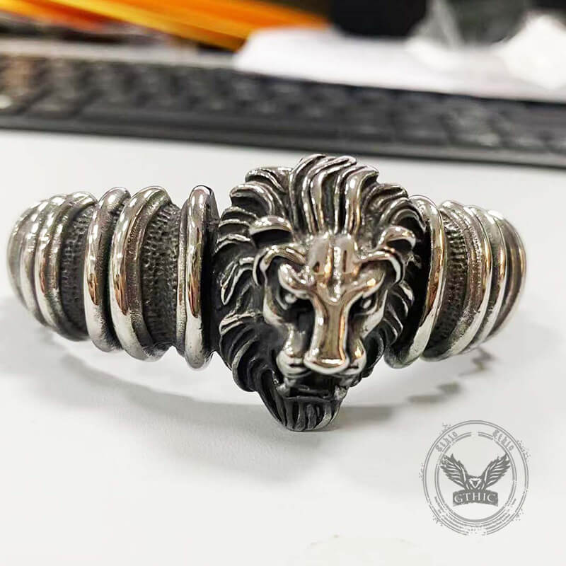 Punk Lion Head Skull Stainless Steel Biker Open Bracelet | Gthic.com