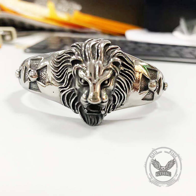 Punk Lion Head Skull Stainless Steel Biker Open Bracelet | Gthic.com