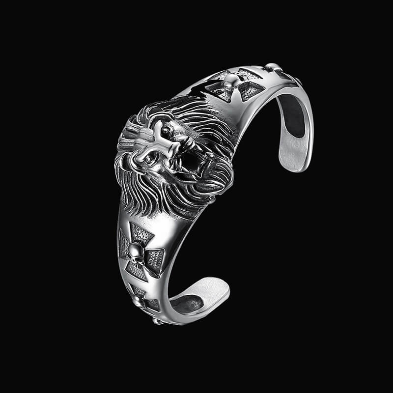 Punk Lion Head Skull Stainless Steel Biker Open Bracelet | Gthic.com