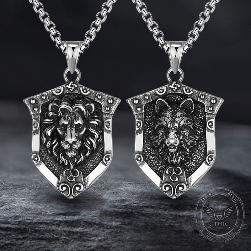Punk Lion Wolf Shield Stainless Steel Necklace 01 | Gthic.com