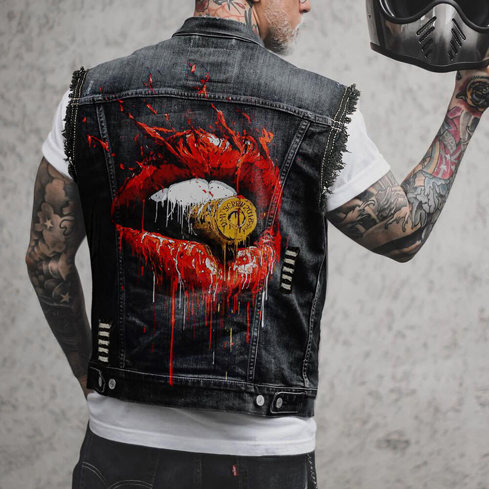 Punk Lips Print Distressed Lapel Biker Denim Vest | Gthic.com