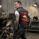 Punk Lips Print Distressed Lapel Biker Denim Vest | Gthic.com
