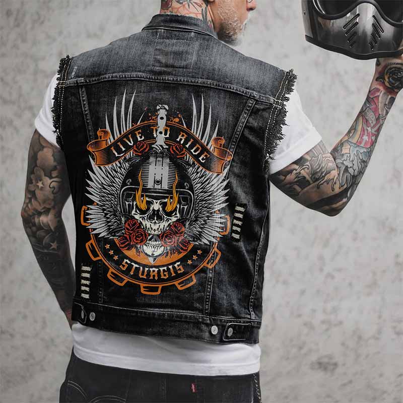 Punk Live To Ride Rose Skull Print Denim Vest 01 | Gthic.com
