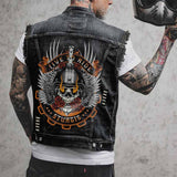 Punk Live To Ride Rose Skull Print Denim Vest 01 | Gthic.com