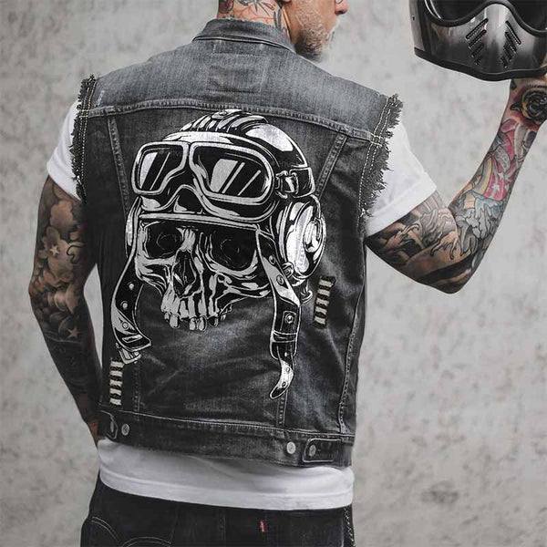 baphomet motorcycle helmet Punk Motorcycle Helmet Skull Head Print Denim Vest – GTHIC