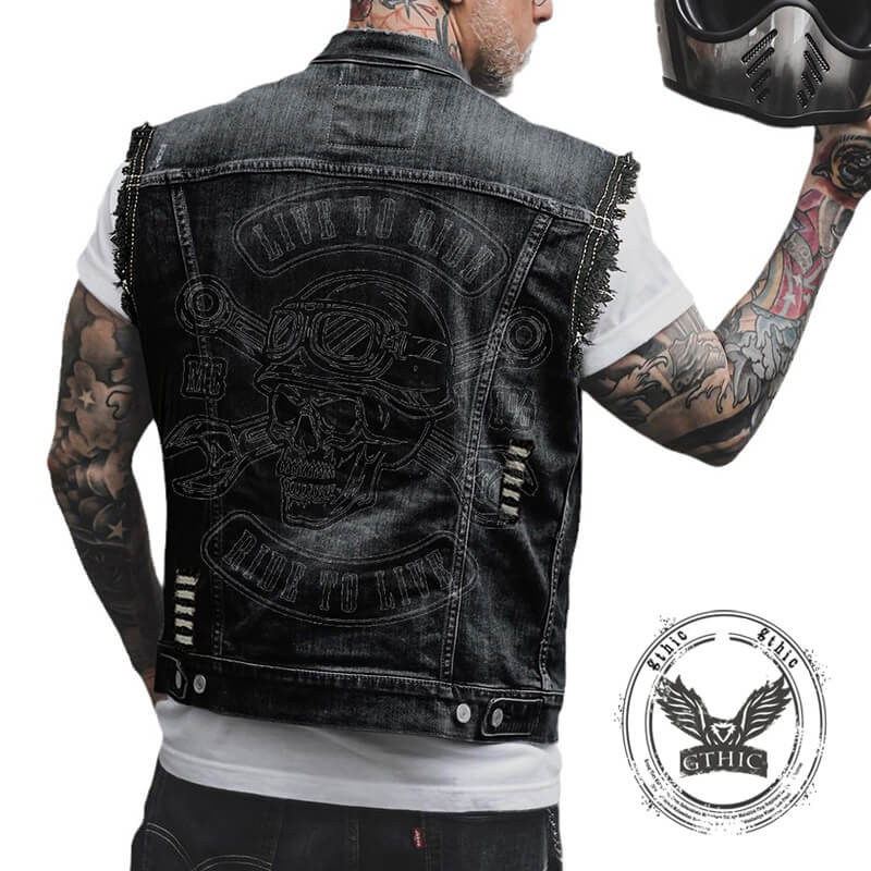 Punk Motorcycle Skull Print Lapel Denim Vest
