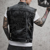 Punk Motorcycle Skull Print Lapel Denim Vest | Gthic.com