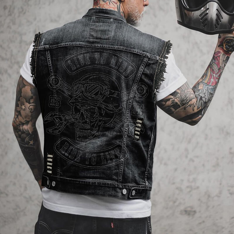 Punk Motorcycle Skull Print Lapel Denim Vest | Gthic.com