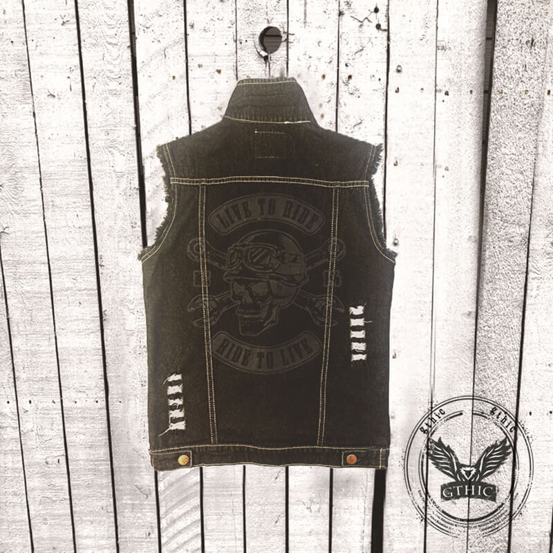 Punk Motorcycle Skull Print Lapel Denim Vest | Gthic.com