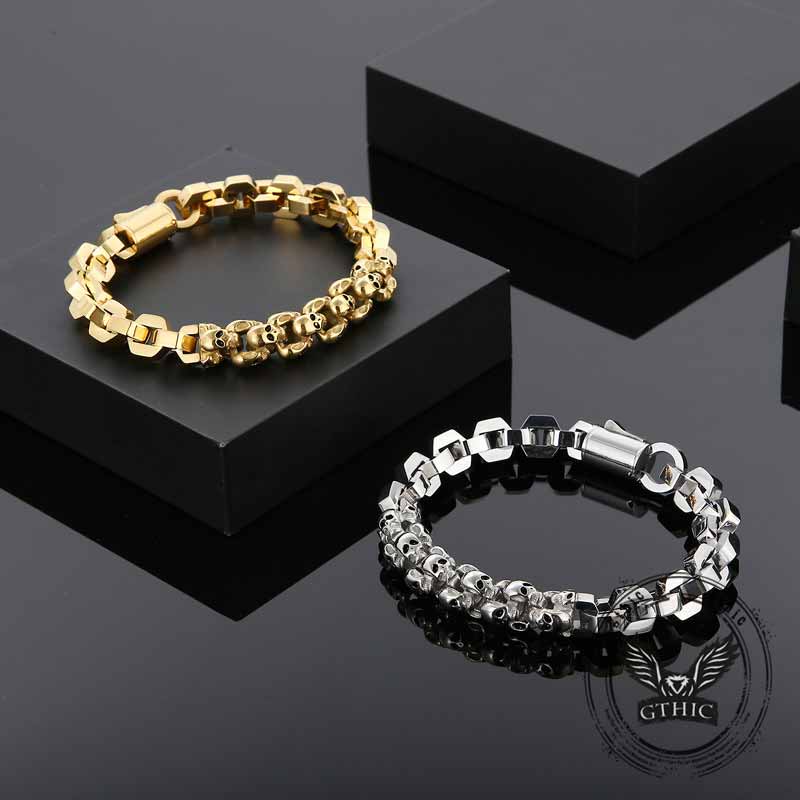 Punk Multi-Skull Spliced Stainless Steel Bracelet | Gthic.com