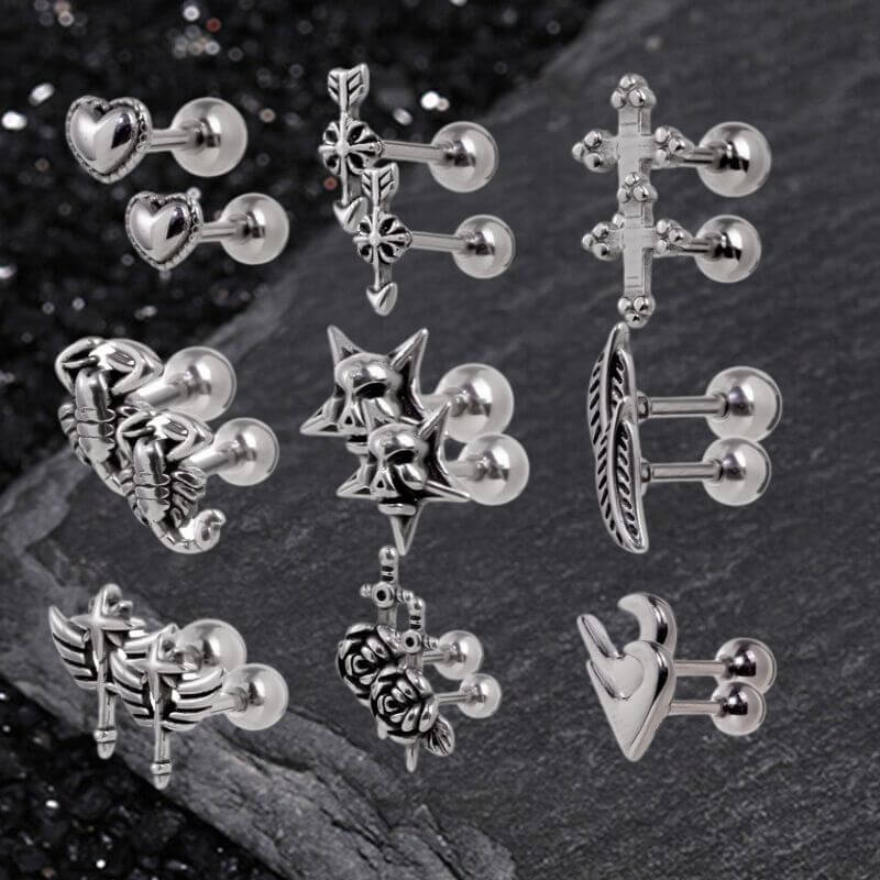 Punk Multi-Style Skull Heart Stainless Steel Earrings Set | Gthic.com