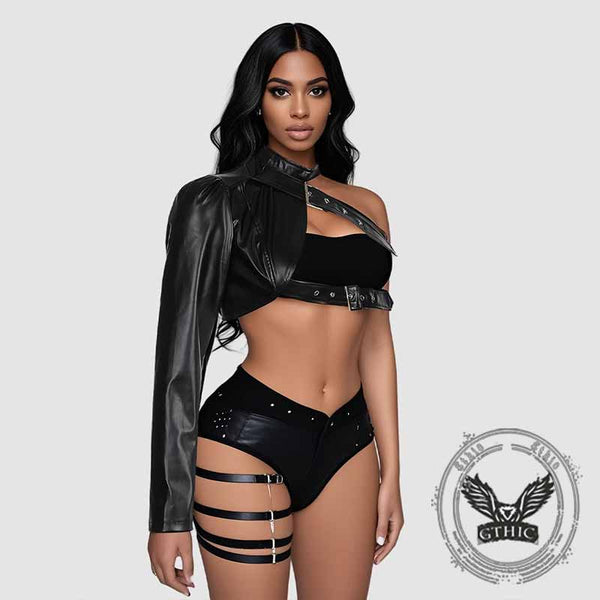 Punk One Shoulder Irregular PU Leather Top 01 | Gthic.com