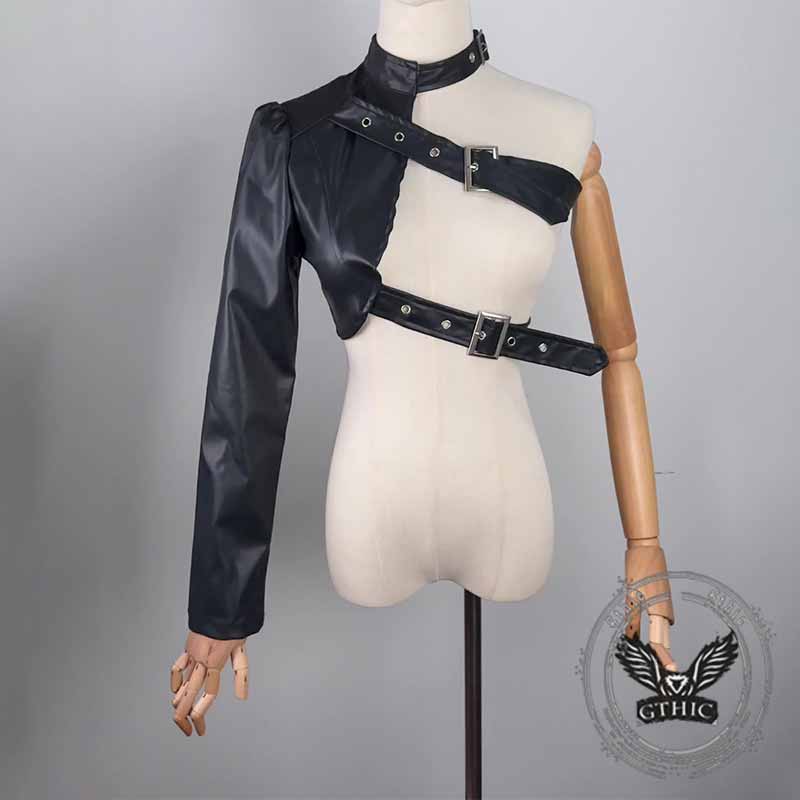 Punk One Shoulder Irregular PU Leather Top 03 | Gthic.com