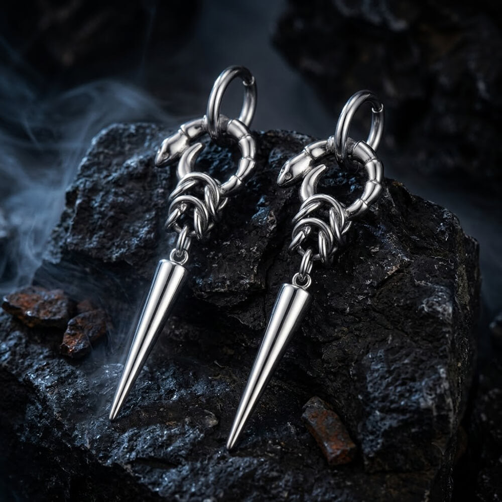 Punk Ouroboros And Spikes Stainless Steel Drop Earrings | Gthic.com