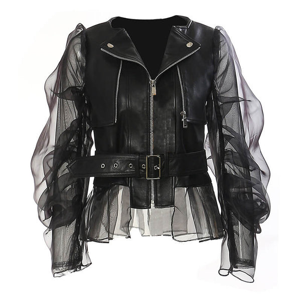 Punk Patchwork Sheer Mesh PU Leather Biker Jacket | Gthic.com