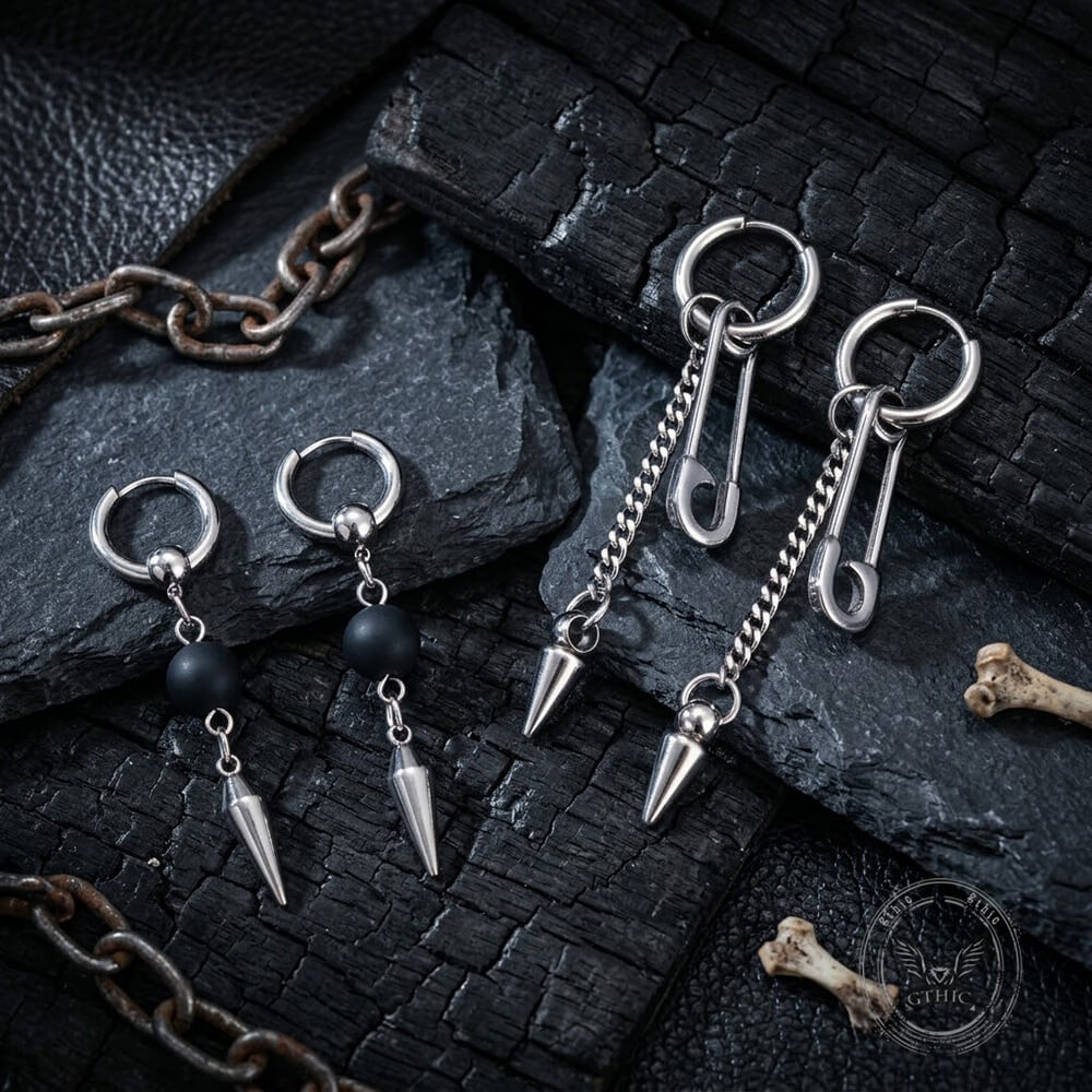 Punk Pin Studded Stainless Steel Drop Earrings | Gthic.com