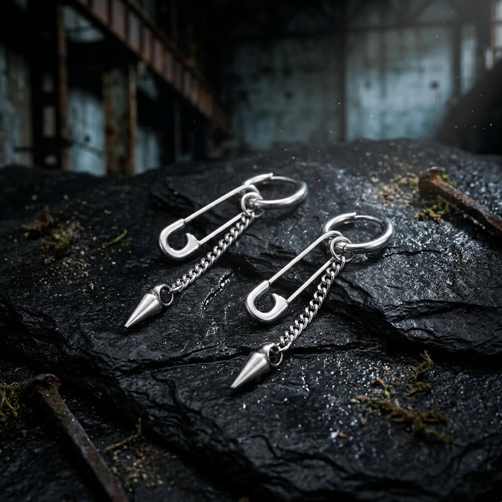 Punk Pin Studded Stainless Steel Drop Earrings