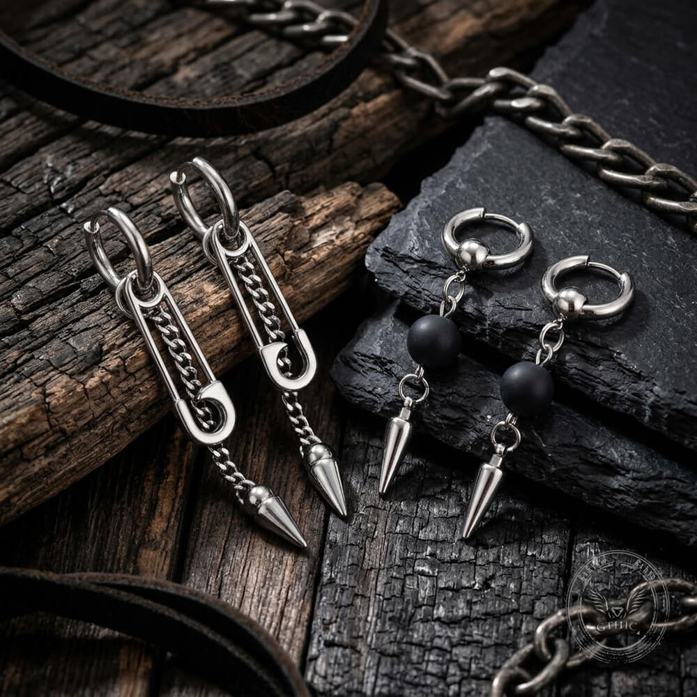 Punk Pin Studded Stainless Steel Drop Earrings | Gthic.com