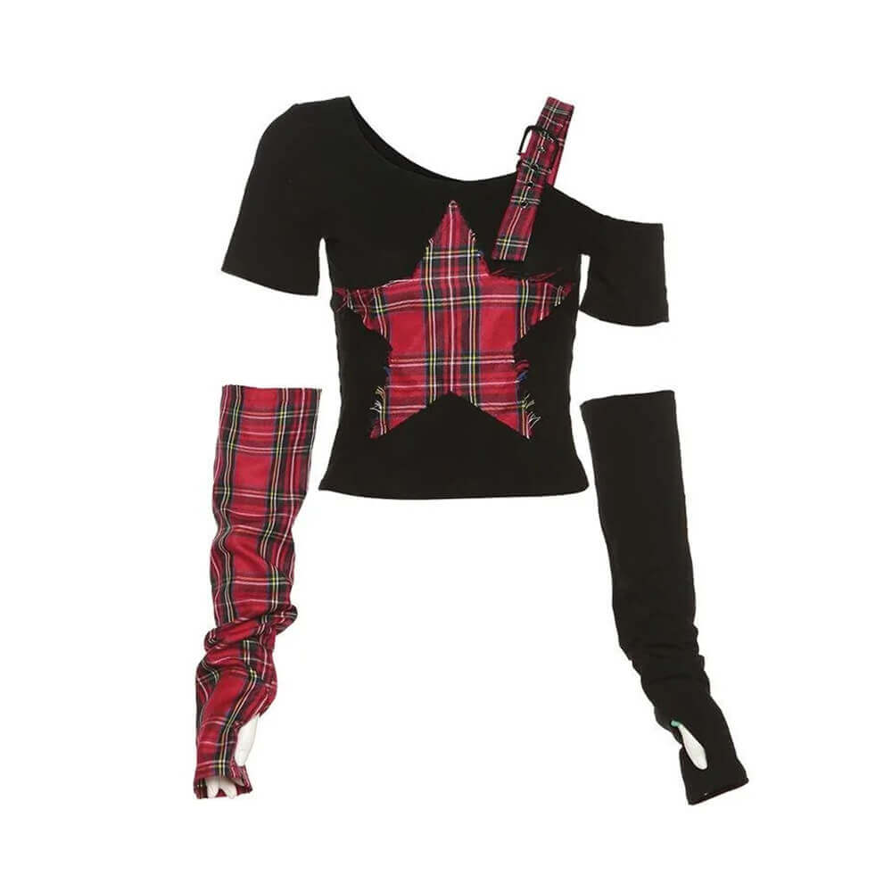 Punk Plaid Patchwork Five-Pointed Star Irregular Top 03 | Gthic.com