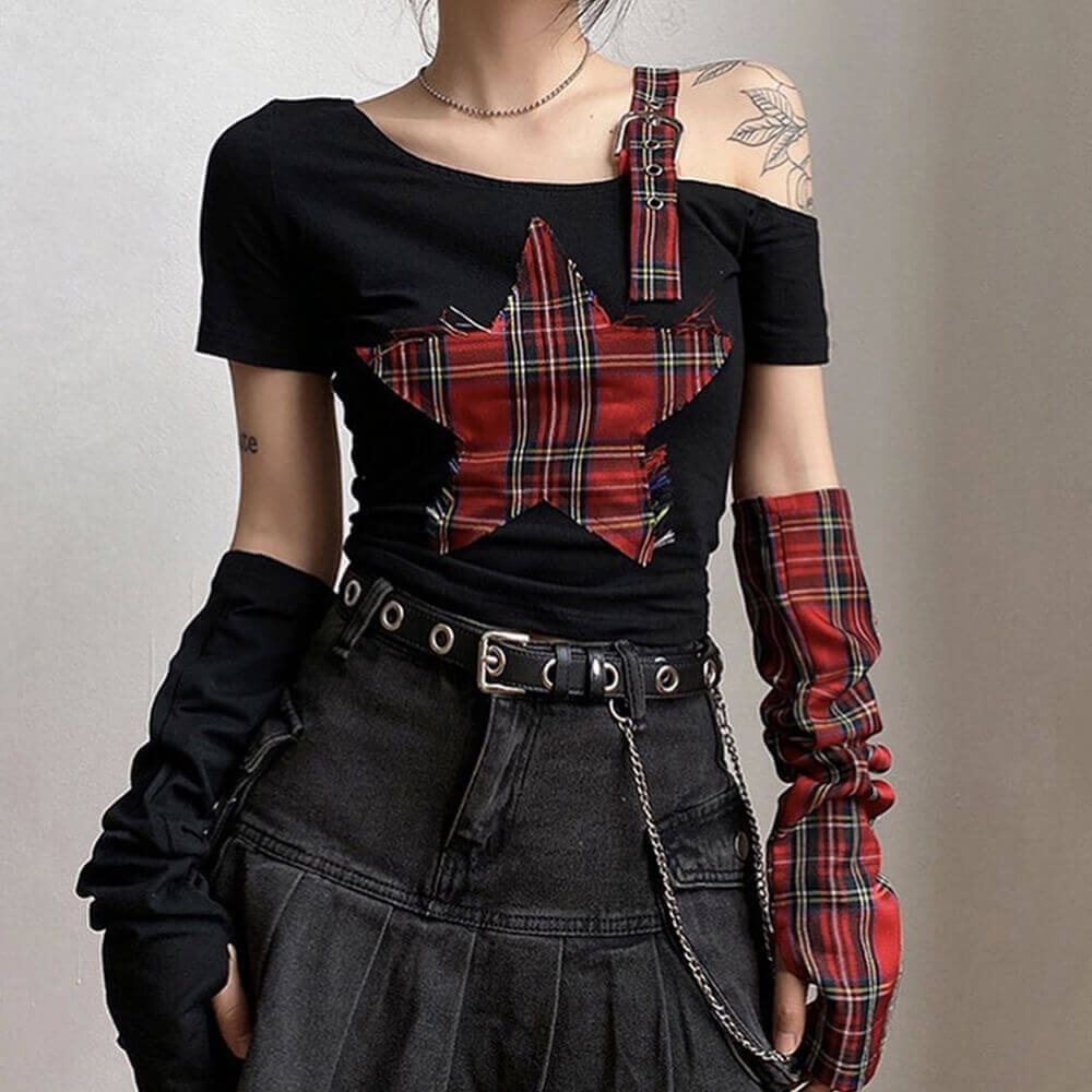 Punk Plaid Patchwork Five-Pointed Star Irregular Top 01 | Gthic.com