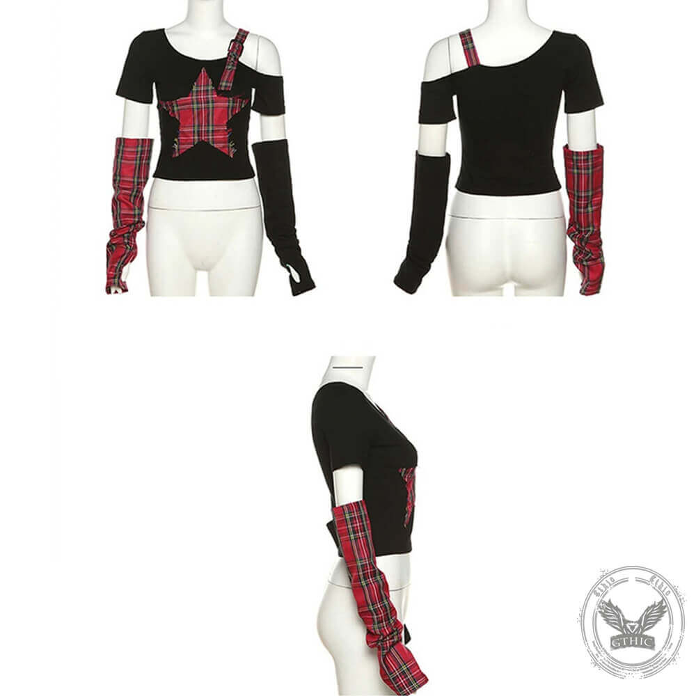 Punk Plaid Patchwork Five-Pointed Star Irregular Top