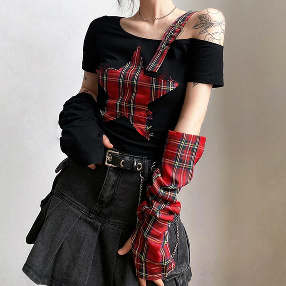Punk Plaid Patchwork Five-Pointed Star Irregular Top 02 | Gthic.com
