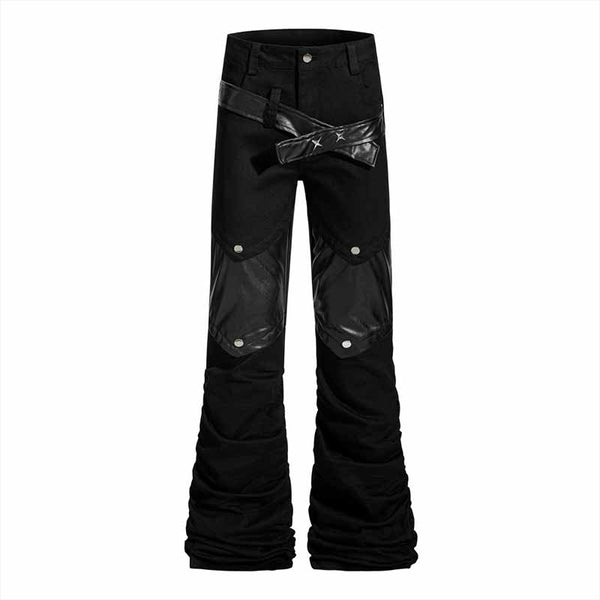 Punk Pleated PU Leather Patchwork Flared Pants | Gthic.com